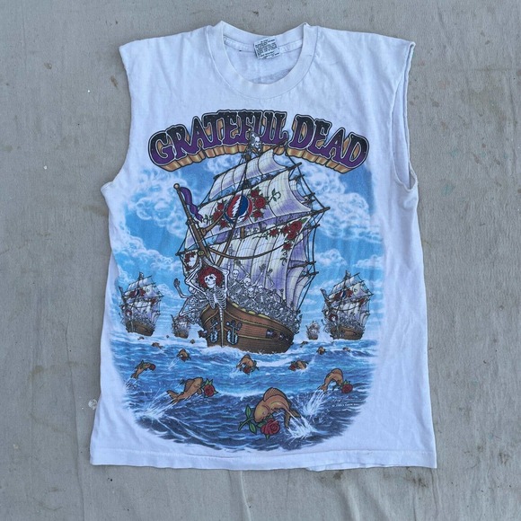 Vintage 90s Grateful Dead Ship of Fools Liquid Blue Large Chopped Band T Shirt